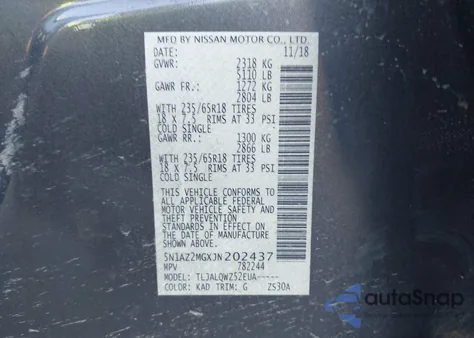 2018 Nissan Murano Sv from USA, damaged, VIN 5N1AZ2MGXJN202437